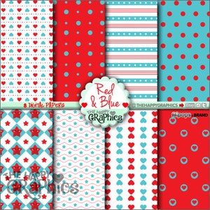 Blue Digital Paper, COMMERCIAL USE, Cute Pattern, Printable Paper, Red ...