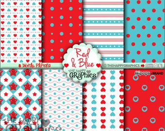 Blue Digital Paper, COMMERCIAL USE, Cute Pattern, Printable Paper, Red Paper, Red Pattern, Blue Pattern, Planner Accessories, Navy