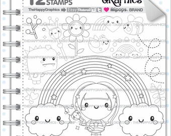 Rainbow Digistamp, COMMERCIAL USE, Rainbow  Stamp, Princess Digistamp, Cloud Digistamp, Flower Digistamp, fairytale Digistamp, Girl Stamp