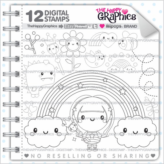 Rainbow Digistamp, COMMERCIAL USE, Rainbow Stamp, Princess Digistamp, Cloud Digistamp, Flower Digistamp, fairytale Digistamp, Girl Stamp Il_570xn
