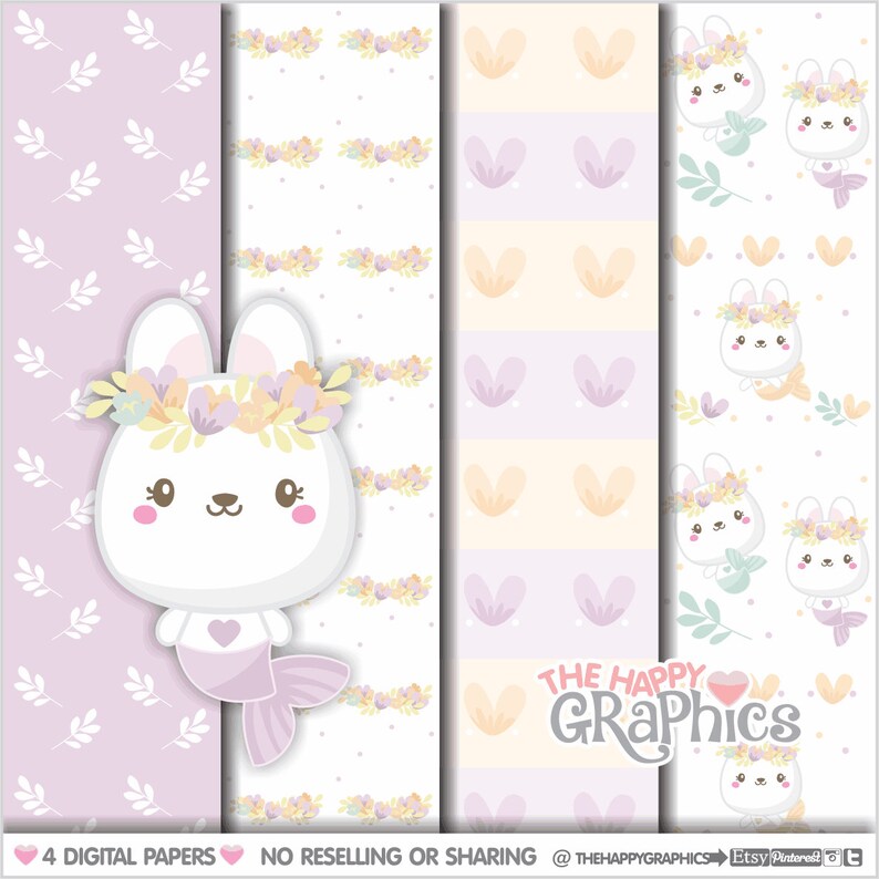 Mermaid Digital Paper, COMMERCIAL USE, Mermaid Pattern, Printable Paper, Bunny Pattern, Animal Pattern, Rabbit Pattern, Cute Pattern, Easter image 1