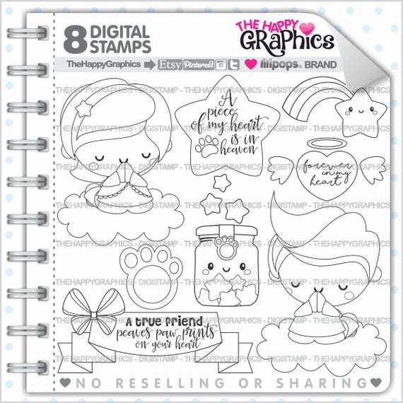 Dog Memorial Stamp, COMMERCIAL USE, Digi Stamp, Dog Digistamp, Kawaii Stamp, Heaven Stamp, Prying Stamp, Humans and Dogs, Pet Loss, Art Line Il_570xn