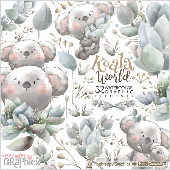 Koala Clipart, Koala Watercolor, Bear Clipart, Bear Watercolor, Bear Graphic, Welcome Baby Clipart, New Born Clipart, Watercolor, Eucalyptus Il_570xn