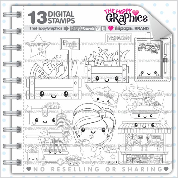 Grocery Stamps, Commercial Use, Digi Stamp, Digital Image, Grocery Digistamp, Coloring Page, Shop Stamps, Cute Digistamp, Shopping Il_570xn