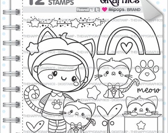 Cat Digistamp, Cat Digital Stamp, Coloring Graphics, Coloring Images, Kitty Stamp, Kitty Digistamp, Cat Girl Digistamp, Printable, Outline