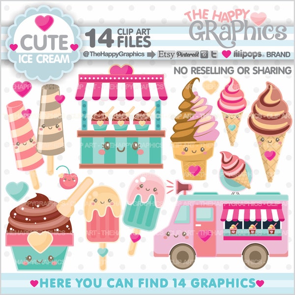 Ice Cream Clipart, Ice Cream Graphics, COMMERCIAL USE, Cute Clipart, Ice Cream Truck, Planner Accessories, Ice Cream Shop, Summer Clipart