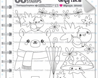 Autumn Stamps, Bear Stamps, COMMERCIAL USE, Bear Clipart, Woodland Stamps, Woodland Clipart, Fall Stamps, Mushroom Stamps, Bird Stamp, Stamp