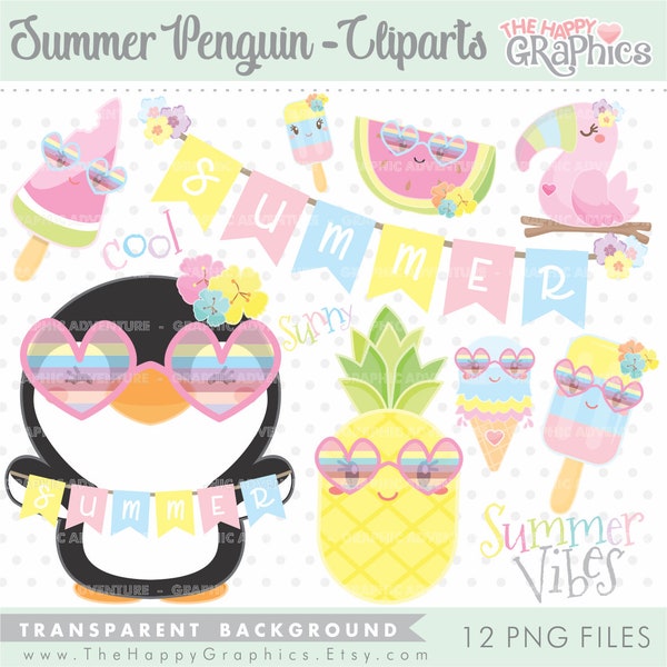 Penguin Clipart, Summer Clipart, Penguin Graphics, Penguin Cliparts, Summer Party, Cool Summer, Digital Graphics, Pineapple, Watermelon