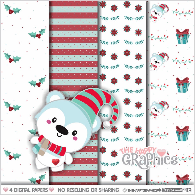 Christmas Digital Paper, COMMERCIAL USE, Christmas Pattern, Printable Paper, Winter Pattern, Winter Digital Paper, Christmas Bear, Animal image 1