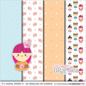 Kokeshi Dolls, Digital Paper, Japanese Paper, COMMERCIAL USE, Kokeshi Paper, Cute Pattern, Printable Paper, Cute Clipart, Digital, Eastern image 1