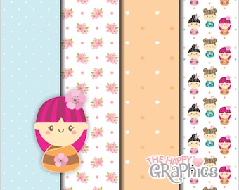 Kokeshi Dolls, Digital Paper, Japanese Paper, COMMERCIAL USE, Kokeshi Paper, Cute Pattern, Printable Paper, Cute Clipart, Digital, Eastern