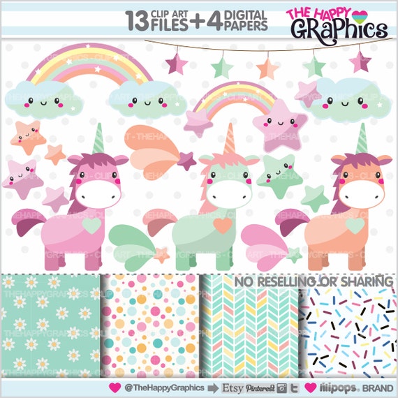 Unicorn Clipart, Unicorn Graphics, COMMERCIAL USE, Cute Clipart, Planner Accessories, Rainbow Clipart, Rainbow Graphics Il_570xn