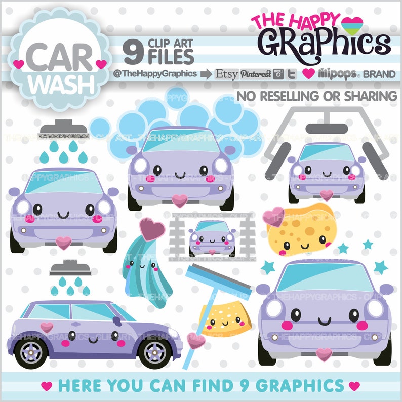 Car Wash Clipart, Car Wash Graphic, COMMERCIAL USE, Chore Clipart, Planner Accessories, Car Clipart, Car Cleaning, Car Care, Kawaii, Cute image 1