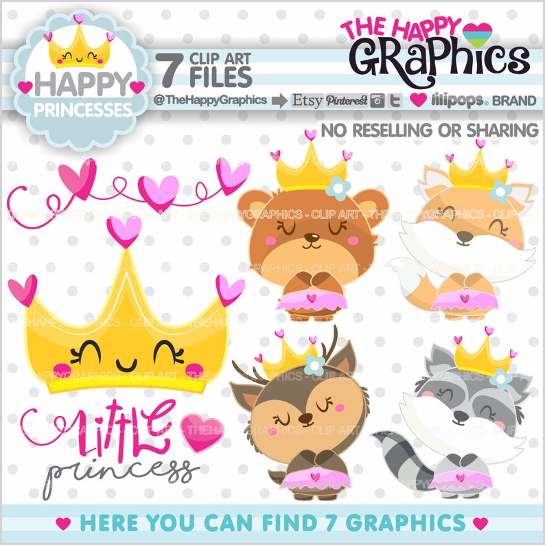 Princess Clipart, Princess Graphics, COMMERCIAL USE, Princess Party, Girls Party, Pajama Party, Woodland Clipart, Woodland Animal, Cute image 1