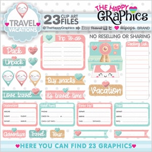 Clipart Commercial Use, Travel Clipart, Travel Graphic, COMMERCIAL USE, Places to Travel, Traveling Clipart, Tourism Clipart, Kawaii image 1