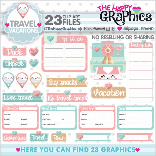 Clipart Commercial Use, Travel Clipart, Travel Graphic, COMMERCIAL USE, Places to Travel, Traveling Clipart, Tourism Clipart, Kawaii