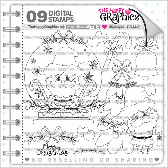 Snow Globe, Digistamp, Digital Stamp, Christmas Stamp, Winter Digistamp, Santa Digistamp, Noel Digistamp, Christmas Digital Stamp, Outline Il_570xn