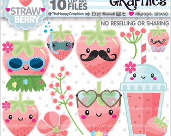 Strawberry Clipart, Strawberry Graphics, COMMERCIAL USE, Strawberry Party, Strawberry Illustration, Summer Clipart, Tropical, Cute, Pink