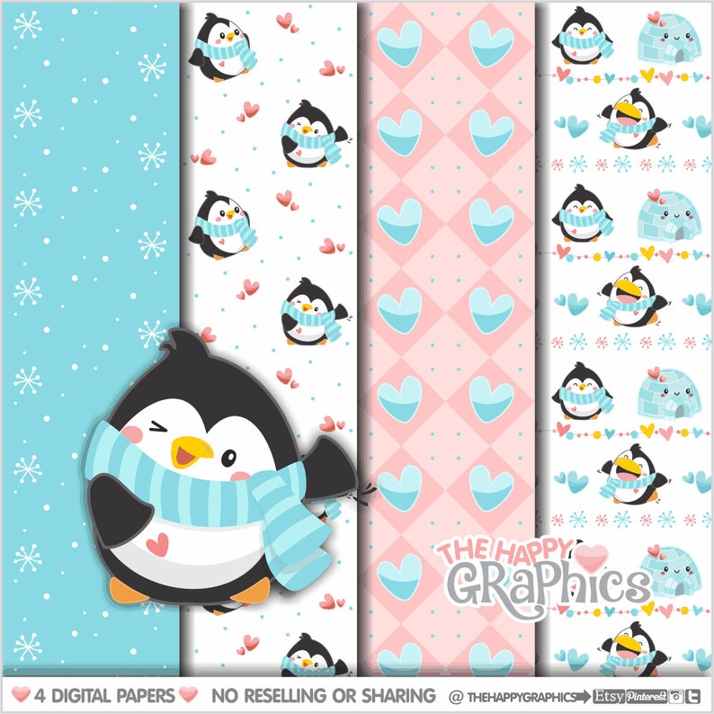 Penguin Digital Paper, COMMERCIAL USE, Penguin Pattern, Printable Paper, Animal Pattern, Kids Pattern, Bird Pattern, Bird Digital Paper image 1