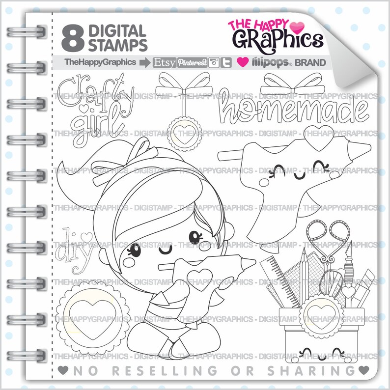 Crafty Girl Stamp, COMMERCIAL USE, Digi Stamp, Glue Gun Digistamp, Girl Digital Stamp, Scrapbooking Girl, Crafty Character, Craft Digistamp image 1