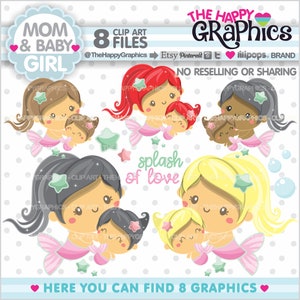 Mom Clipart, Mom Graphics, COMMERCIAL USE, Mermaid Clipart, Mother Graphic, Mother Clipart, Baby Clip Art, Family Clipart, Baby Girl image 1