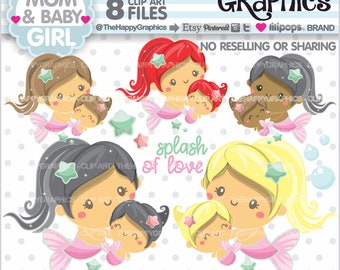 Mom Clipart, Mom Graphics, COMMERCIAL USE, Mermaid Clipart, Mother Graphic, Mother Clipart, Baby Clip Art, Family Clipart, Baby Girl