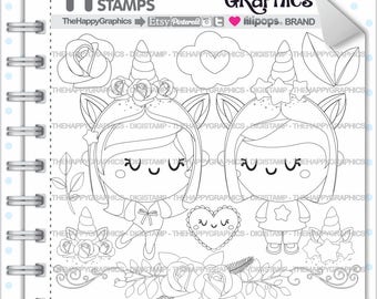 Unicorn Stamps, Commercial Use, Digi Stamp, Digital Image, Love Digistamp, Coloring Page, Valentines Day Stamps, Cute Digistamp