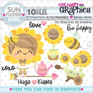 Sunflower Clipart, COMMERCIAL USE, Sunflower Graphic, Girl Graphic, Girl Cliparts, Flower Clipart, Bee Clipart, Cute Clipart, Spring image 1