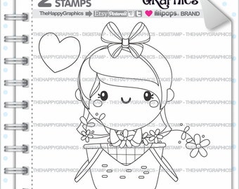 Spring Stamps, Commercial Use, Digi Stamp, Digital Image, Spring Digistamp, Girl Stamps, Flower Digistamp, Season Digistamp, Spring Line Art