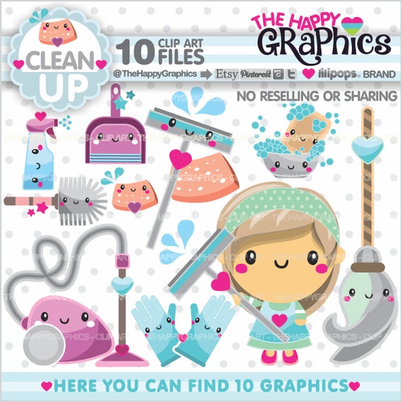 Clean Up Clipart, Clean Up Graphics, COMMERCIAL USE, Chore Clipart, Planner Accessories, Housekeeping, Organizing, Clean, Kawaii Il_570xn