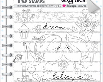 Love Stamps, Commercial Use, Digi Stamp, Digital Image, Love Digistamp, Coloring Page, Valentines Day Stamps, Cute Digistamp, Couple