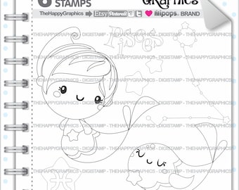Pisces Digistamp, Pisces Digital Stamp, COMMERCIAL USE, Digital Stamp, Zodiac Digistamp, Zodiac Stamp, Constellation Stamp, Mermaid Stamp