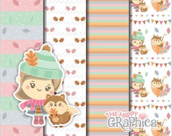 Autumn, Digital Paper, Autumn Pattern, Squirrel Paper, Animal Paper, Woodland, Printable Paper, Pastel Pattern, Cute Paper, Cute Pattern