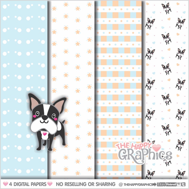 Dog Digital Paper, COMMERCIAL USE, Dog Pattern, Printable Paper, Puppy Pattern, Puppy Paper, Printable, Digital Pattern, Boston Bull Terrier image 1