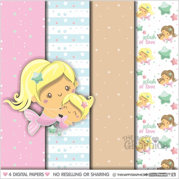 Mermaid Digital Paper, COMMERCIAL USE, Mermaid Pattern, Printable Paper, Mothers Day Pattern, Mom Pattern, Mom Digital Paper, Mother Il_570xn