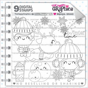 Winter Stamp, COMMERCIAL USE, Digi Stamp, Digital Image, Winter Digistamp, Winter Coloring Page, Christmas Graphic, Cute Digistamps