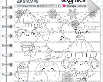 Winter Stamp, COMMERCIAL USE, Digi Stamp, Digital Image, Winter Digistamp, Winter Coloring Page, Christmas Graphic, Cute Digistamps