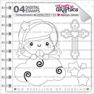 Baptism Stamps, Baptism Coloring Images, COMMERCIAL USE, Coloring Pages, Religious Stamps, Girl Stamps, Angel Stamps, Cross Stamp, Digistamp image 1