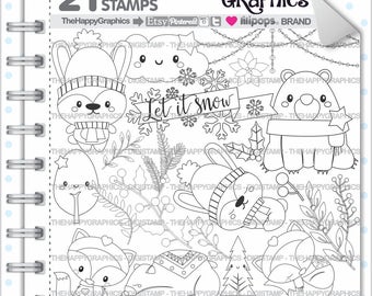 Christmas Stamp, COMMERCIAL USE, Digi Stamp, Digital Image, Christmas Digistamp, Christmas Coloring Page, Christmas Graphic, Animals, Winter