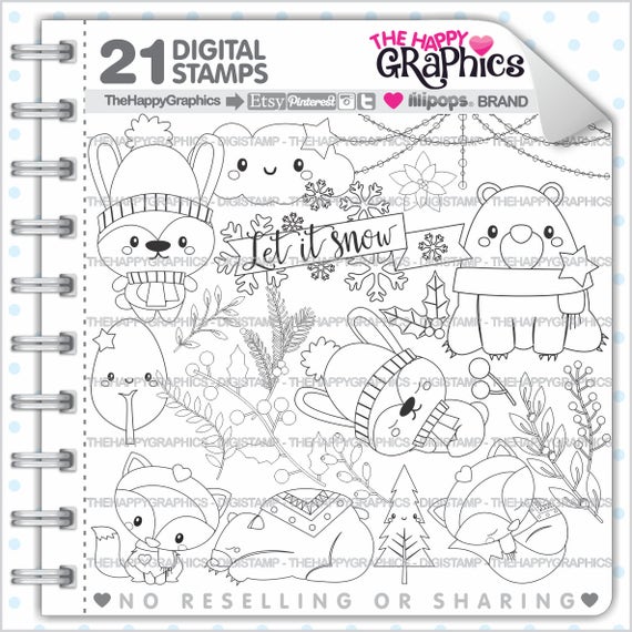 Christmas Stamp, COMMERCIAL USE, Digi Stamp, Digital Image, Christmas Digistamp, Christmas Coloring Page, Christmas Graphic, Animals, Winter Il_570xn