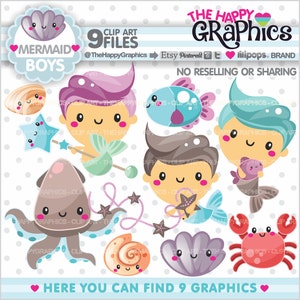 Mermaid Clipart, Mermaid Graphics, COMMERCIAL USE, Ocean Graphics, Under The Sea Clipart, Planner Accessories, Mermaid Boys, Ocean Cliparts image 1