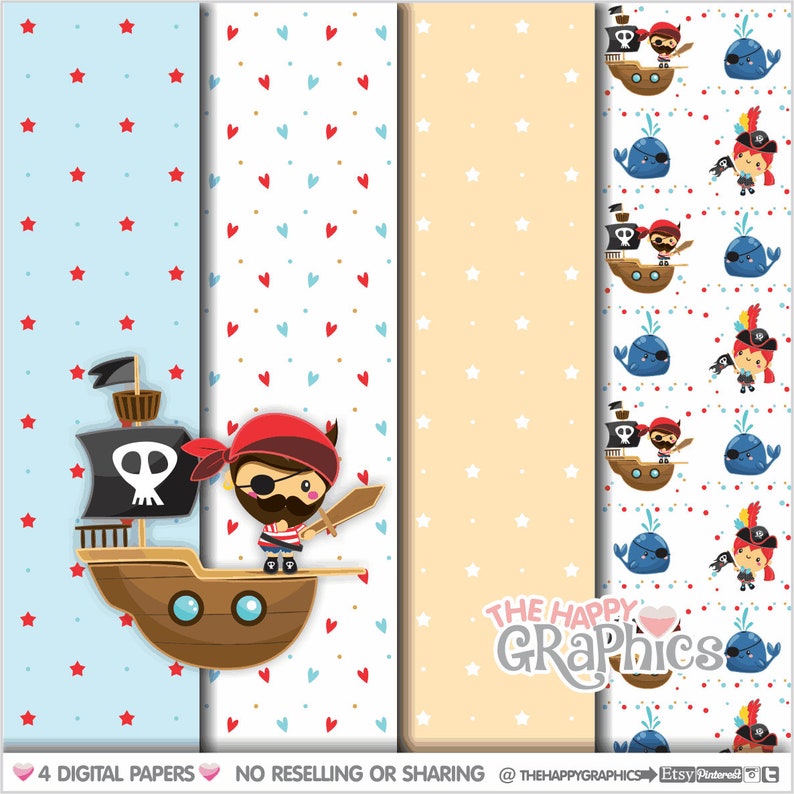 Pirate, Digital Paper, Digital Pattern, Pirate Party, Kid Papers, Children Papers, Educational, Printable, Cute Papers, Cute Patterns image 1