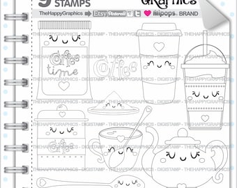 Coffee Stamp, COMMERCIAL USE, Digi Stamp, Coffee Digistamp, Kawaii Stamps, Coffee Digital Stamp, Beverage Digistamp, Outline Images, Cute