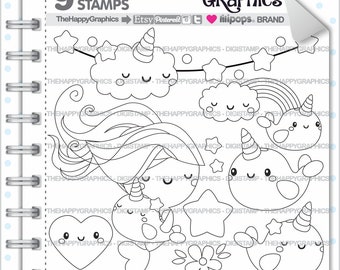 Unicorn Stamp, Commercial Use, Digi Stamp, Digital Image, Narwhal  Digistamp, Narwhal Stamp, Mermaid Stamp, Mermaid Clipart, Cute