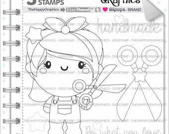 Crafty Girl Stamp, COMMERCIAL USE, Digi Stamp, Scissors Digistamp, Girl Digital Stamp, Scrapbooking Girl, Crafty Character, Craft Digistamp