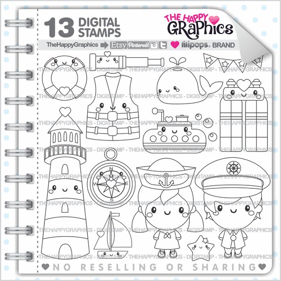 Nautical Stamp, Commercial Use, Digi Stamp, Digital Image, Summer Digistamp, Nautical Coloring Page, Nautical Graphic, Navy Stamps Il_570xn