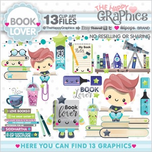 Book Clipart, Book Graphics, COMMERCIAL USE, Planner Accessories, Book Lover, Boy Reading, Read Clipart, Educational, Study, Back to School image 1