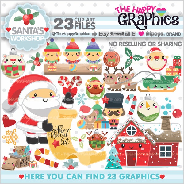 Christmas Clipart, Christmas Graphics, COMMERCIAL USE, Santa's Workshop, Christmas Party, Planner Accessories, Winter