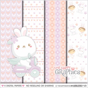 Rabbit Digital Paper, Bunny Digital Paper, Girl Pattern, COMMERCIAL USE, Digital Paper, Scrapbook Paper, Baby Digital Paper, Baby Shower