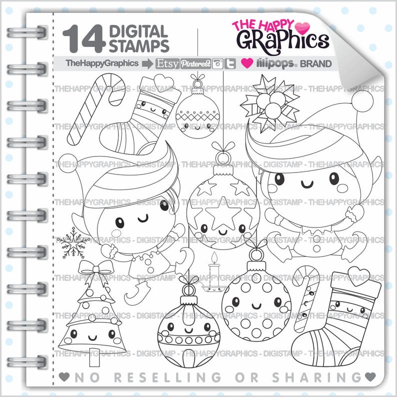 Christmas Stamp, COMMERCIAL USE, Digi Stamp, Digital Image, Christmas Digistamp, Christmas Coloring Page, Santa's Helpers, Elves, Digital image 1